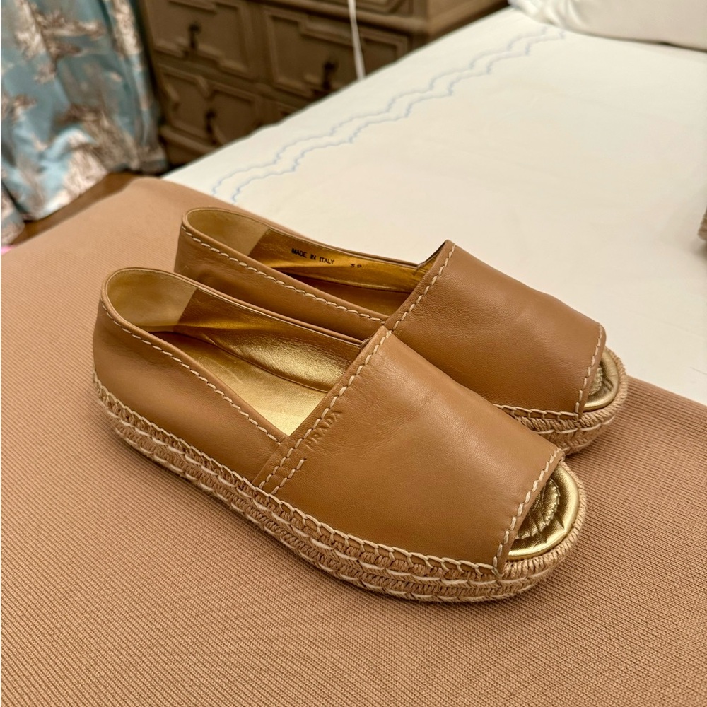 Tan Leather Espadrille Flats with Jute Sole